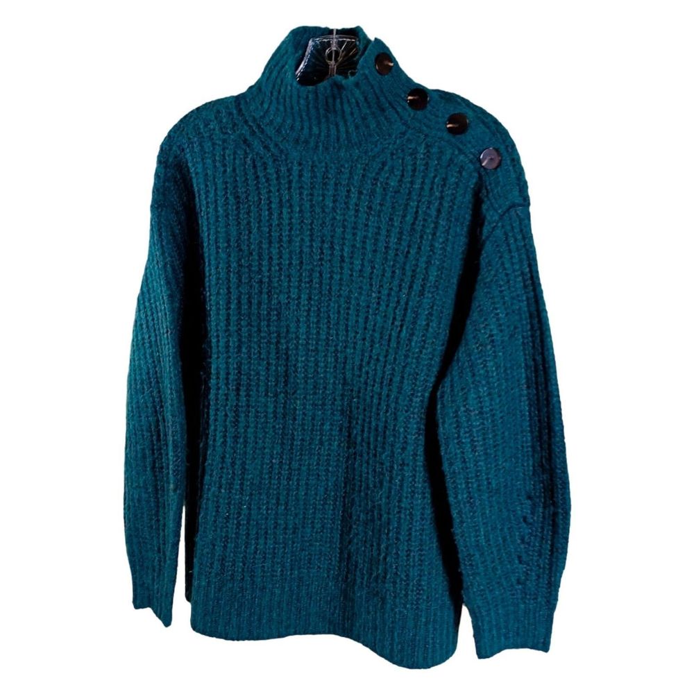J. Crew Teal Ribbed Button-Shoulder Turtleneck Sweater